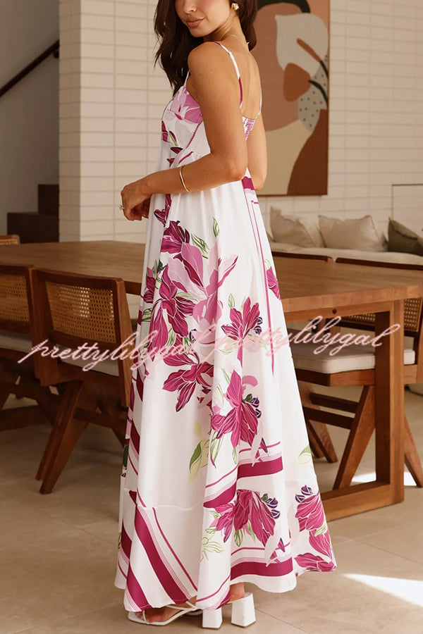 Botanical Print Halter Square Neck Pleated Loose Maxi Dress
