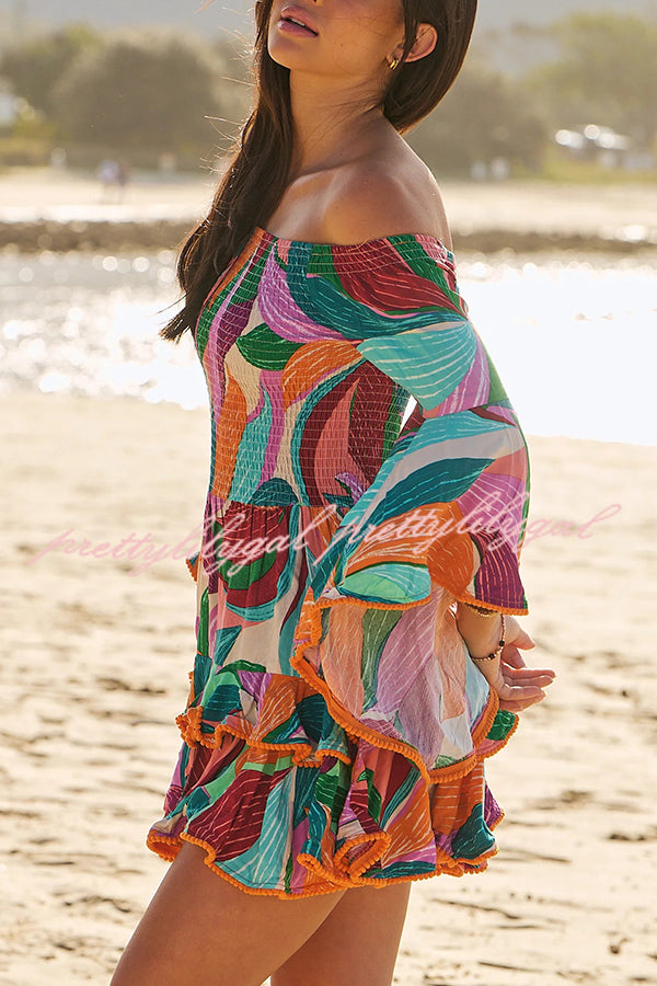 Unique Print Off The Shoulder Pleated Bell Sleeve Fitted Mini Dress