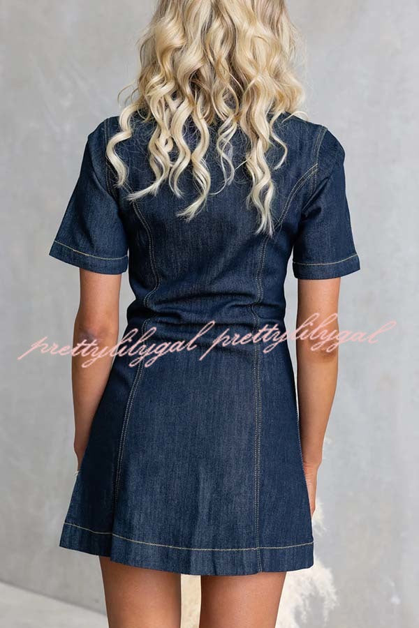 Street Chic Denim Shirt Neck Front Zip-up Stretch Mini Dress