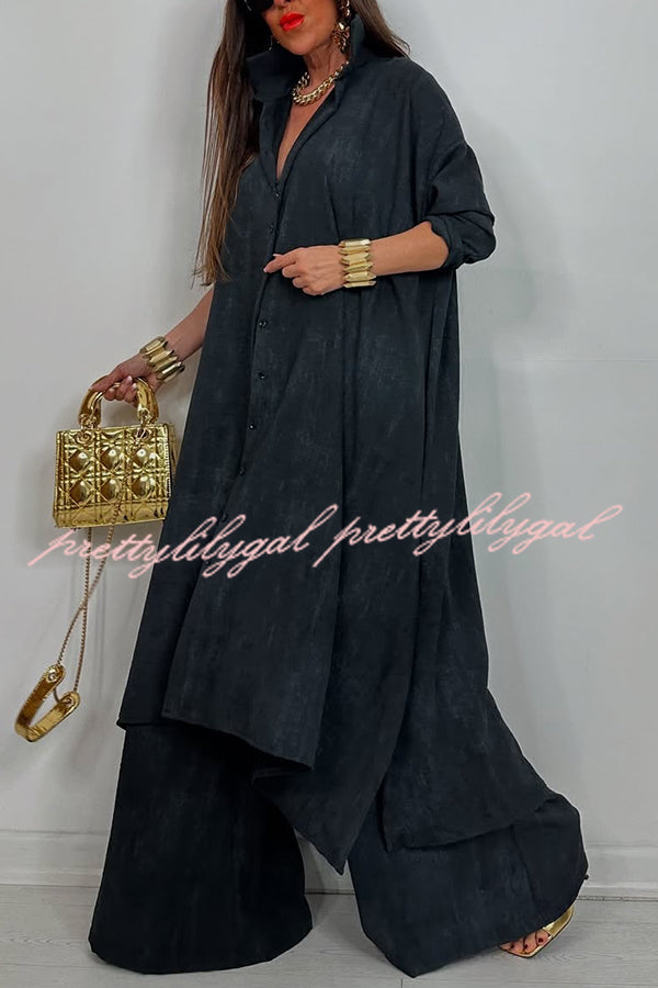 Solid Color Casual Loose Long Shirt and Elastic Waist Pocket Wide Leg Pants Set