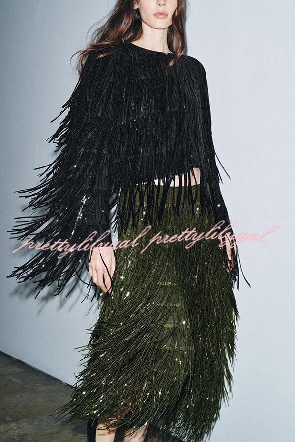 Stylish Sequined Tassel Elegant Midi Skirt