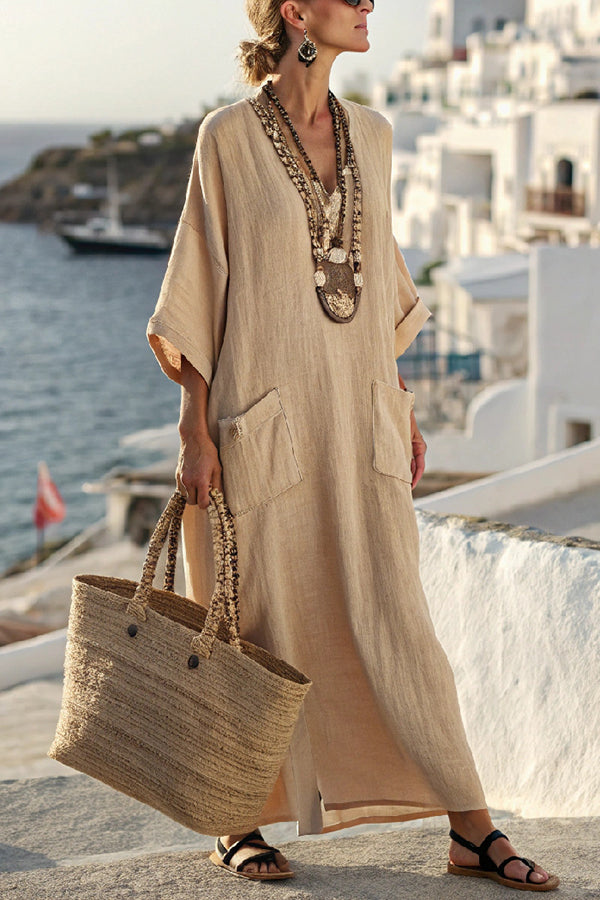 Striped Print V-Neck Casual Loose Pocket Maxi Dress