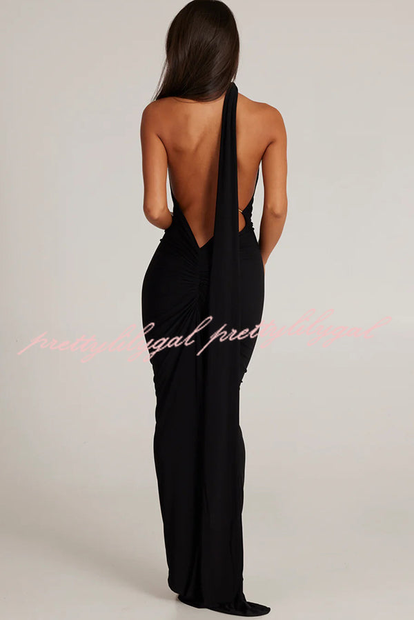 Sexy Backless Pleated Slim Solid Color Sleeveless Elegant Maxi Dress