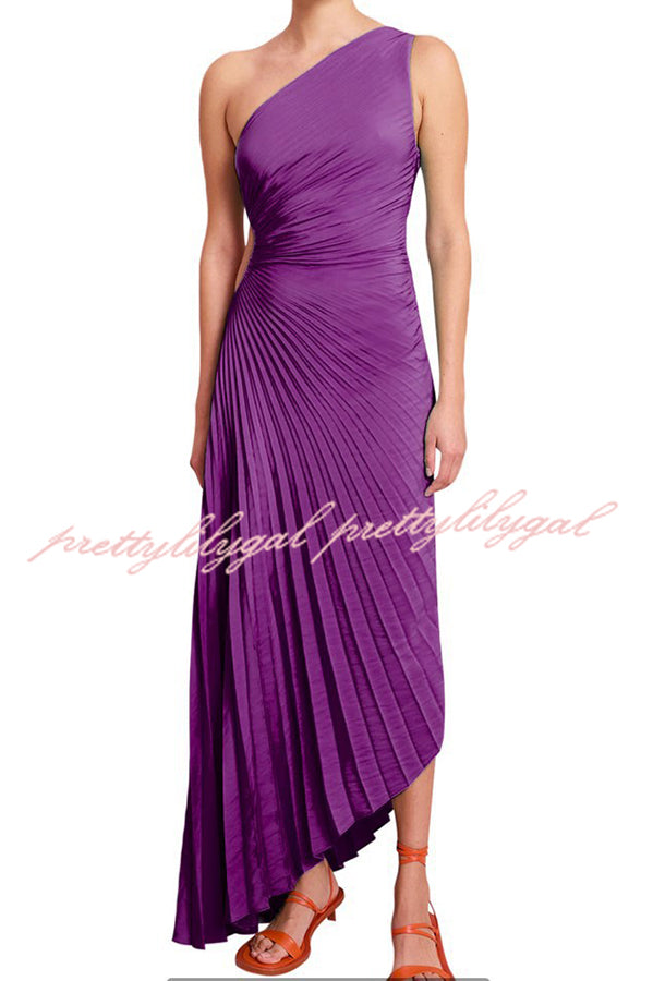 Glam Vibes Satin One Shoulder Side Cutout Pleated Maxi Dress