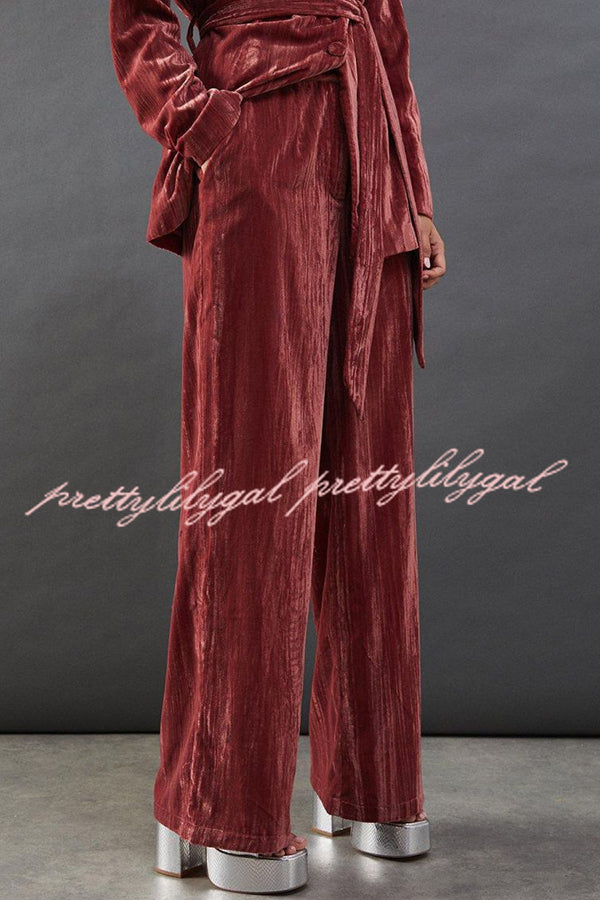 Solid Color Velvet Long-sleeved Waist Tie Top and Elastic Waist Casual Pocket Straight-leg Pants Set