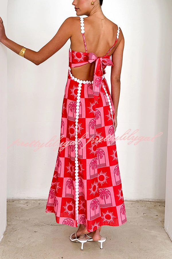 Holiday Style Unique Print Sexy Sling Open Back Lace Up Maxi Dress