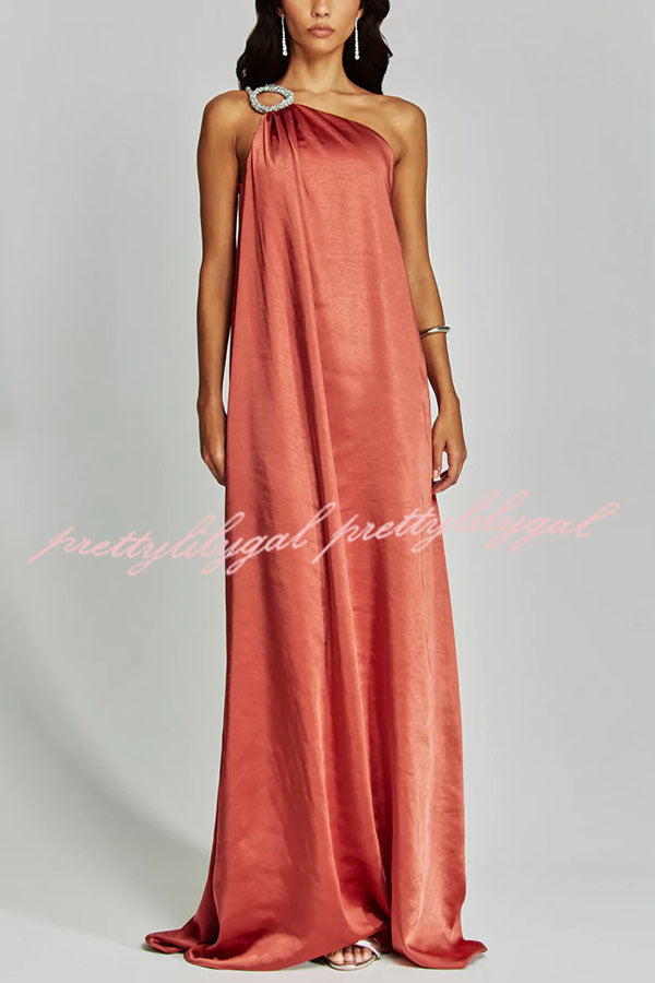 Charming Glance Satin Metal Hardware One Shoulder Loose Maxi Dress