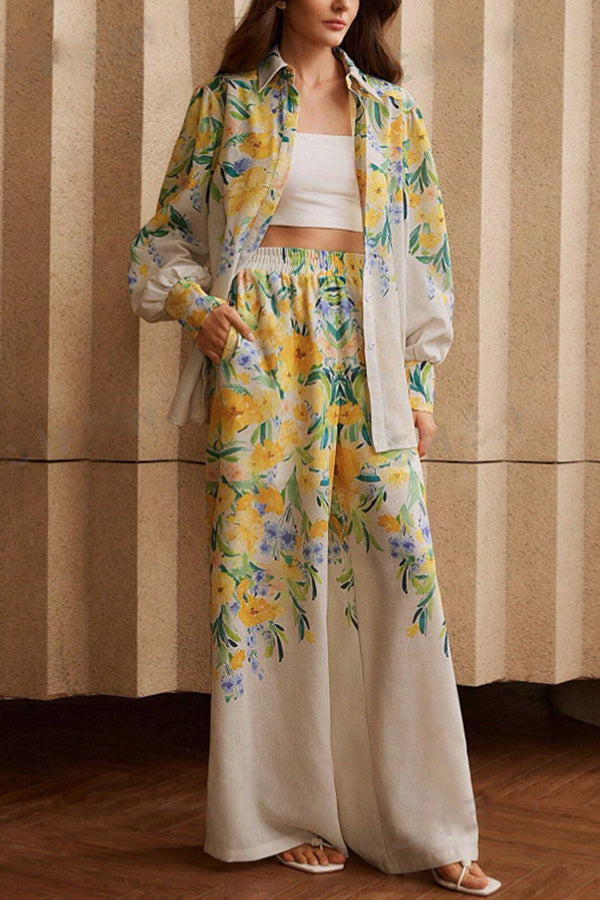 Floral Print Lapel Long Sleeve Shirt and Elastic Waist Pocket Casual Wide Leg Pants Set