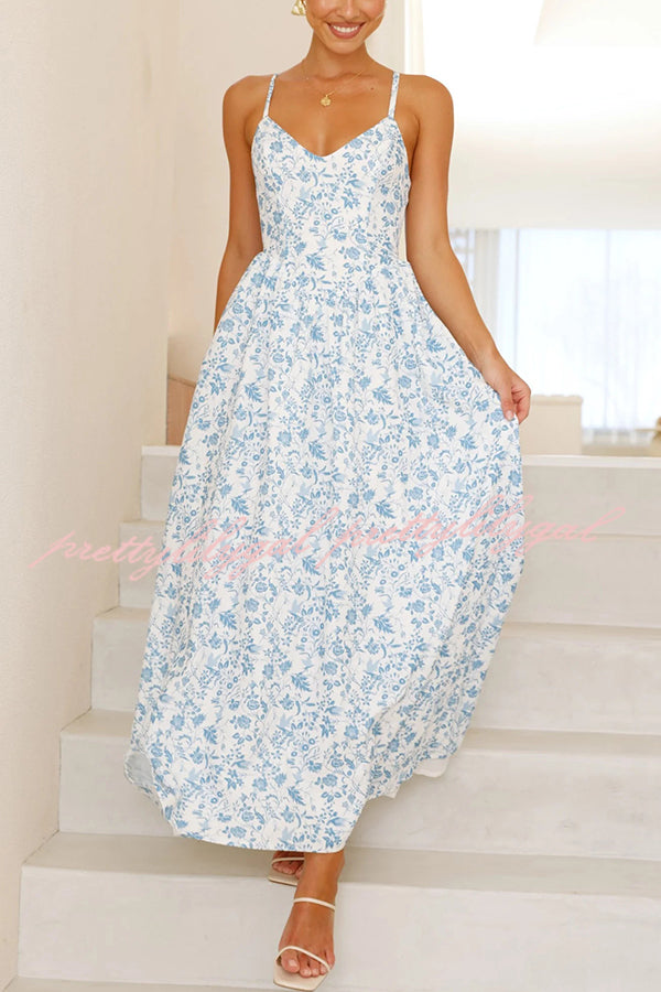 Floral Print V-Neck Sleeveless Back Tie Pocket Maxi Dress