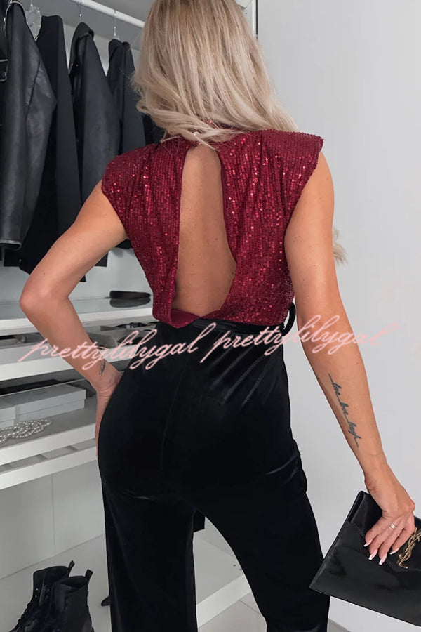 Perfect Party Style Sequin Velvet Patchwork Backless Flare Stretch Jumpsuit