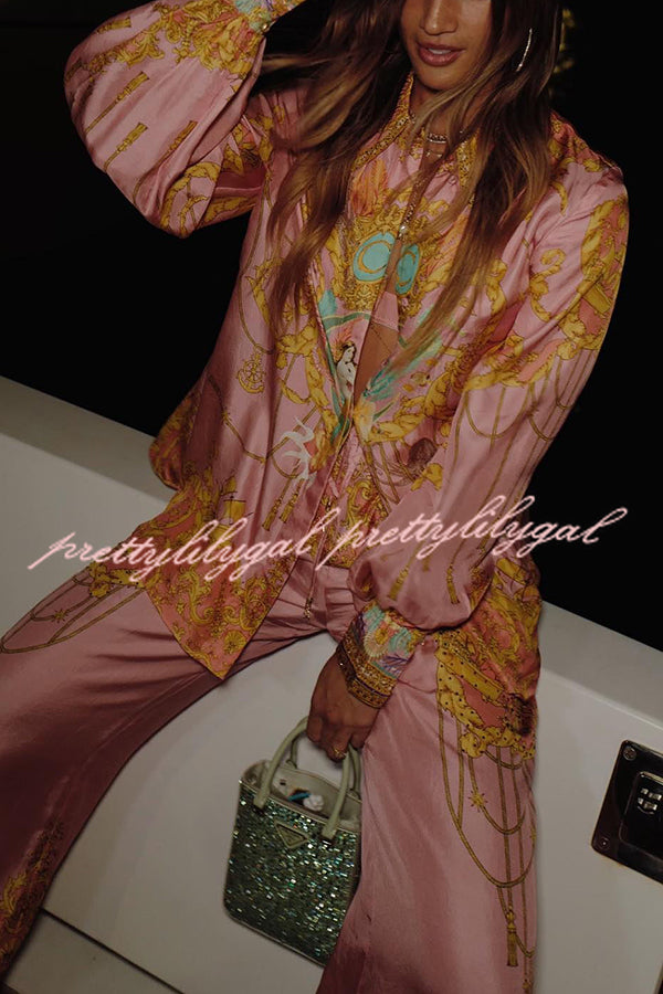 Mermaid Motel Unique Print Long Sleeve Loose Shirt and Elastic Waist Pants Set