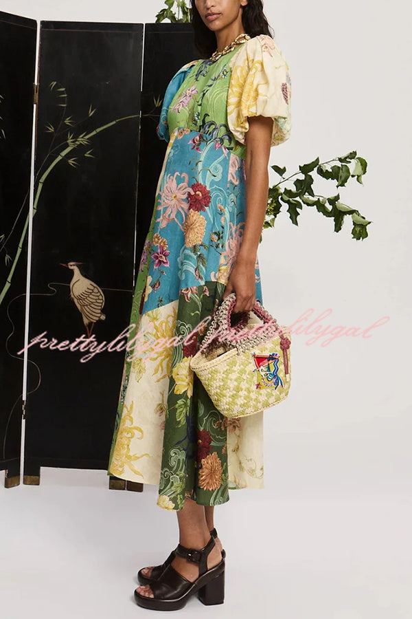 Floral Print Round Neck Puff Sleeve Casual Midi Dress