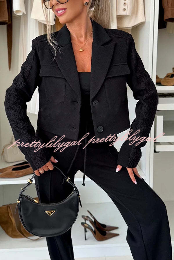 Fashion Lace Panel Long-sleeved Crop Top and Elastic Waist Tie Pocket Casual Pants Set