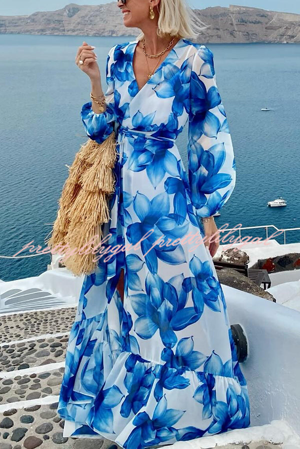 Island Girl Floral Print V-neck Long Sleeve Tie Slit Holiday Maxi Dress