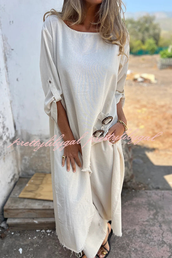 Jamilah Linen Blend Ring Detail Midi Blouse  and Elastic Waist Pocketed Loose Pants Set