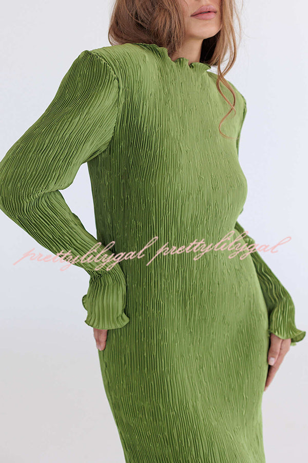 Hansin Satin Pleated Fabric Long Sleeve Wavy Trim H-line Slit Midi Dress