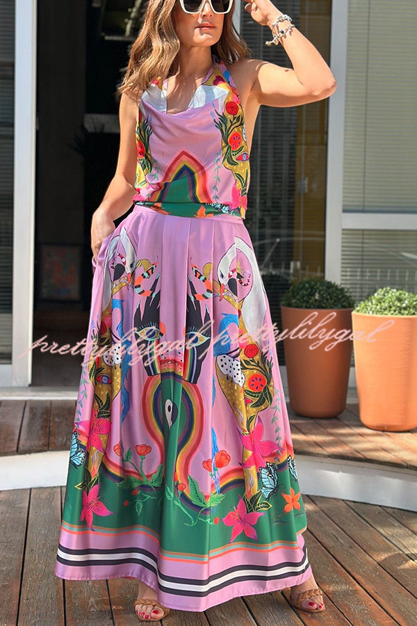 Evangeline Satin Unique Print Back Tie-up Pocket Halter Maxi Dress