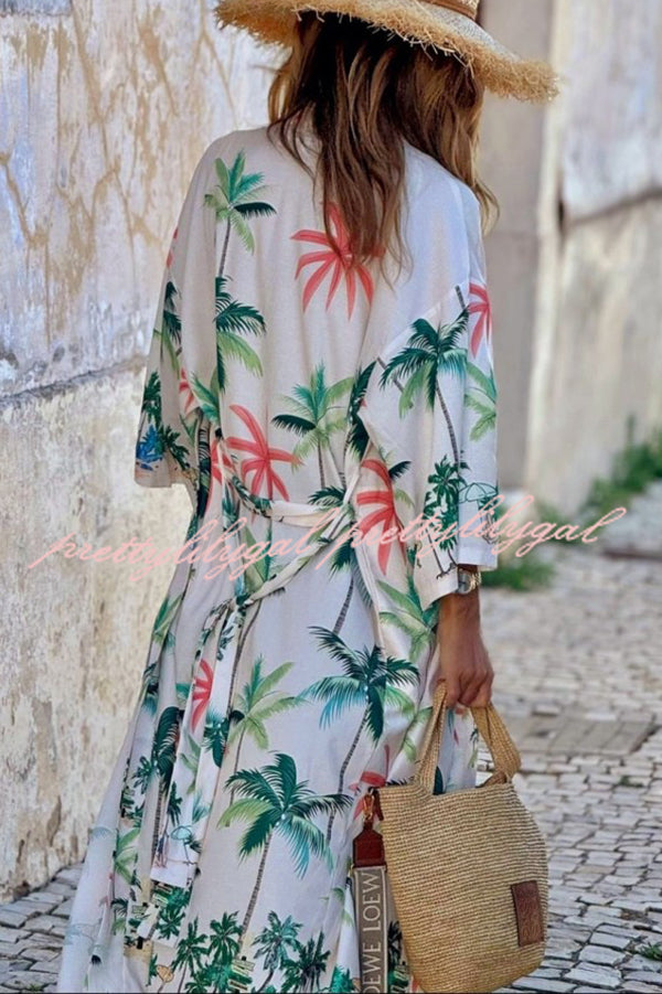 Resort Style Botanical Print Tie-waist Long Cover-up