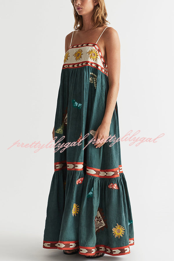 Unique Printed Sexy Suspender Backless Large Hem Maxi Dress