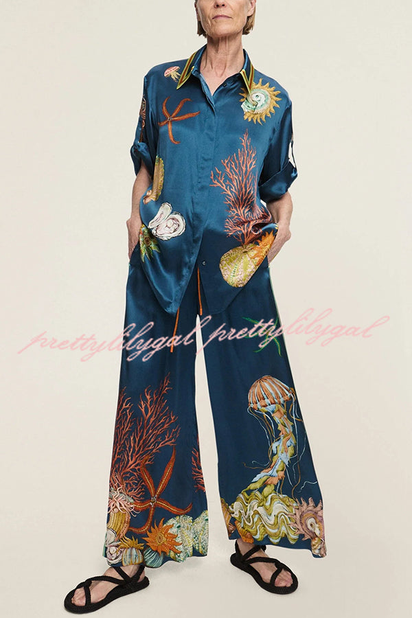 Linen Blend Unique Print Lapel Short Sleeve Shirt and Elastic Waist Loose Pocket Wide Leg Pants Set