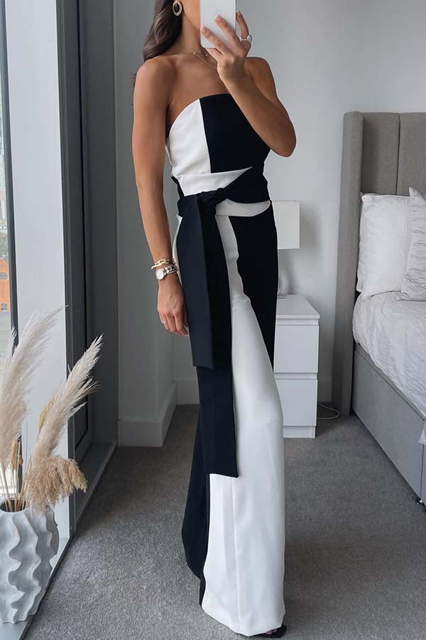 Social Hour Colourblock Tailored Bandeau Tie-up Waist Wide Leg Jumpsuit