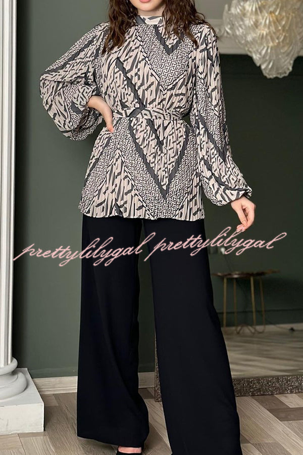 Unique Printed Puff Sleeve Pleated Loose Top and Casual Wide-leg Pants Set