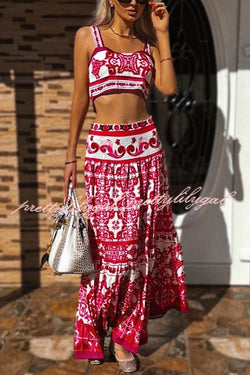 Unique Printed Sexy Sling Tank and Elastic Waist Large Hem Maxi Skirt Set