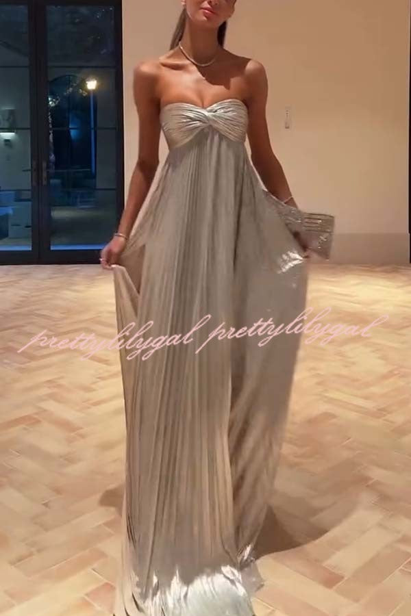 Night Elf Metallic Fabric Pleated Off Shoulder Twist Bust Slit Maxi Dress