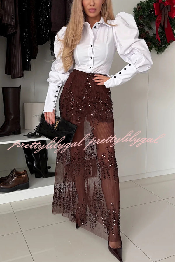 Darling Details Sequin Embroidered Tulle High Rise Elastic Waist Maxi Skirt
