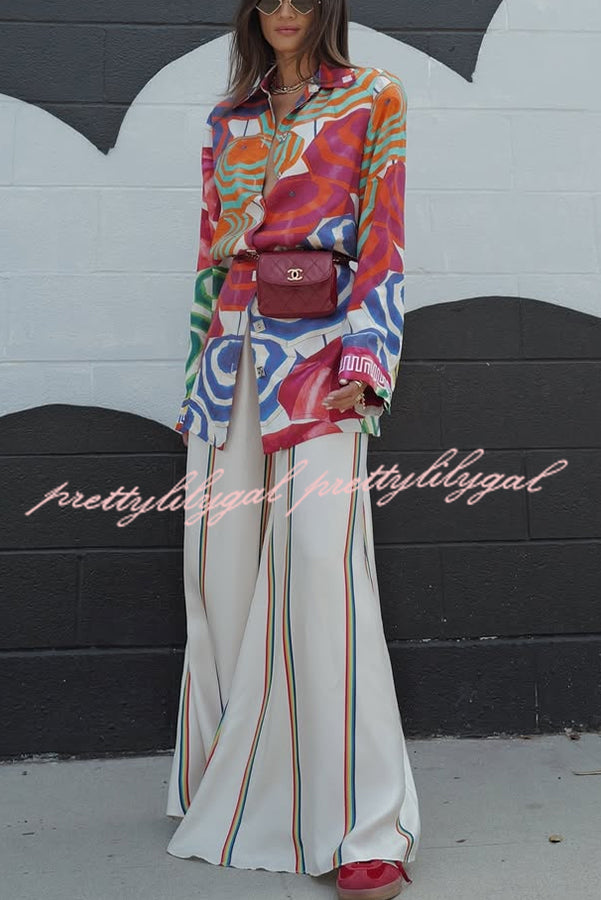 Elouise Satin Color Block Art Print Long Sleeve Button Back Elastic Waist H-line Mini Dress