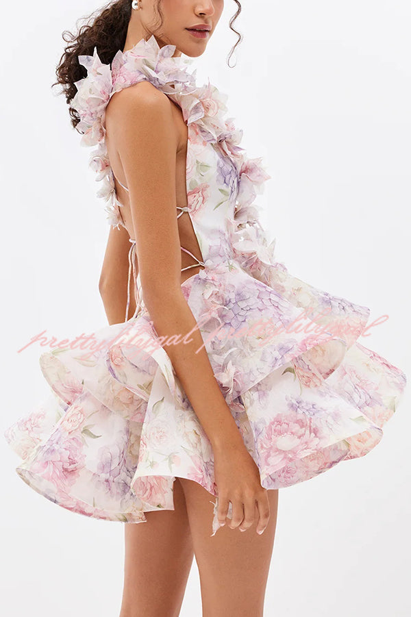 Floral Print V-neck Halter Back Tie Double Layer Mini Dress