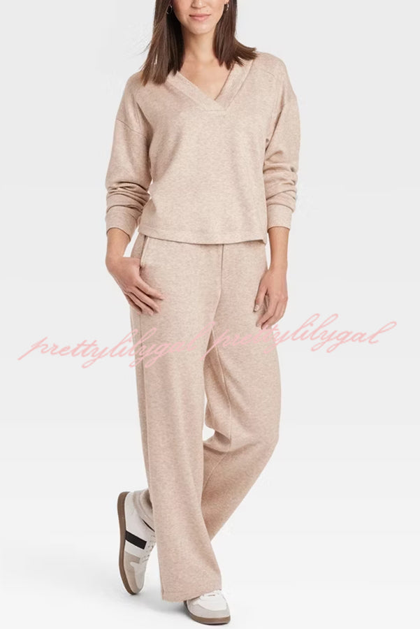 Oatmeal Morning Solid Color V-neck Sweatshirt and Elastic Waist Pocketed Lounge Pants Set