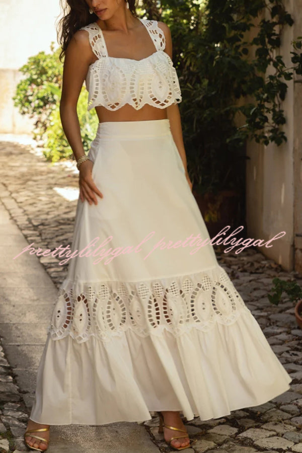Summer City Hollow Lace Crop Tank and Elastic Waist Pocketed A-line Maxi Skirt Set