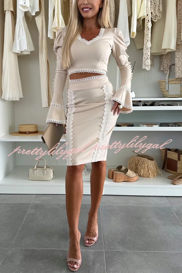 Career Beauty Lace Paneled Long Bell Sleeve Crop Top and High Rise Mini Skirt Set