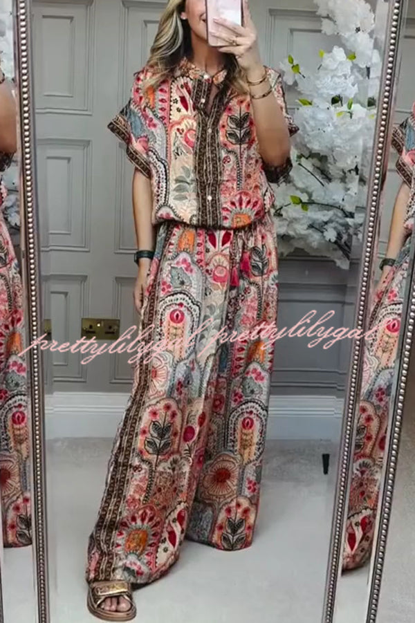 Unique Printed Loose Short-sleeved Top and Elastic Waist Casual Wide-leg Pants Set