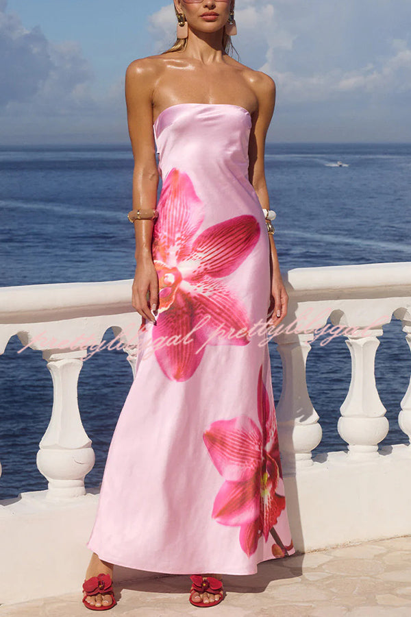 Floral Print Sexy Strapless Backless Holiday Maxi Dress