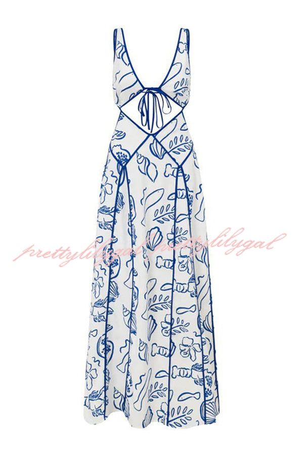 Love The Coastline Linen Blend Unique Print Cutout Tie-up Backless Maxi Dress