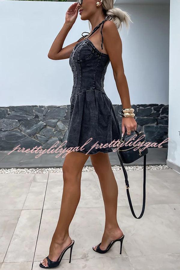 Sweet and Unique Washed Denim Center Front Zipper Stretch Mini Dress