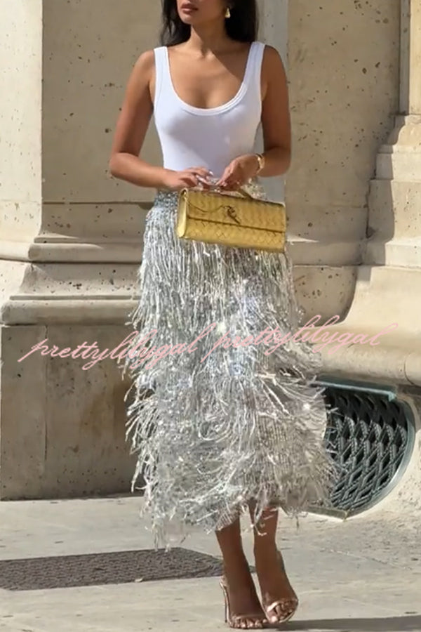 Evening Charm Layered Sequined Tassels High Rise Back Zipper Slit Midi Skirt