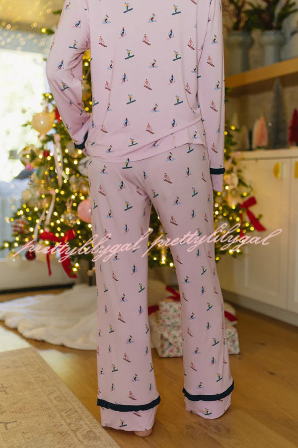 Postcards To Santa Unique Print Ruffles Trim Pocket Shirt and Elastic Waist Pajama Set