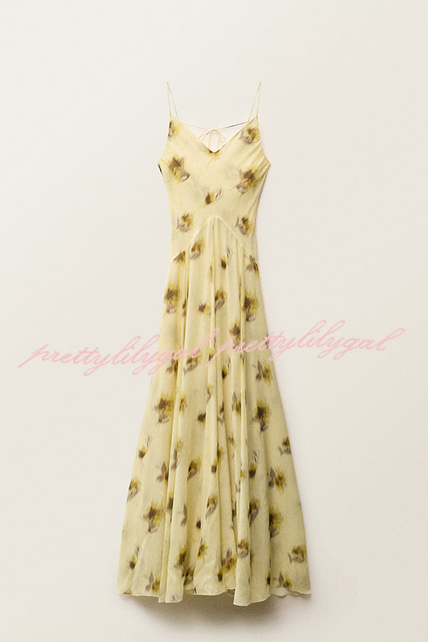 Sunset Glow Floral Print V-neck Thin Straps Flare Hem Maxi Dress