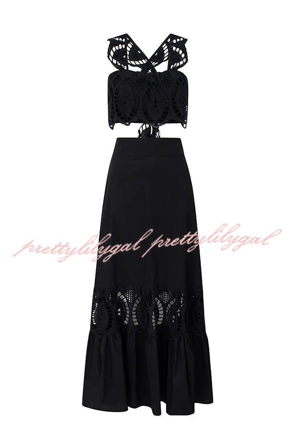 Summer City Hollow Lace Crop Tank and Elastic Waist Pocketed A-line Maxi Skirt Set