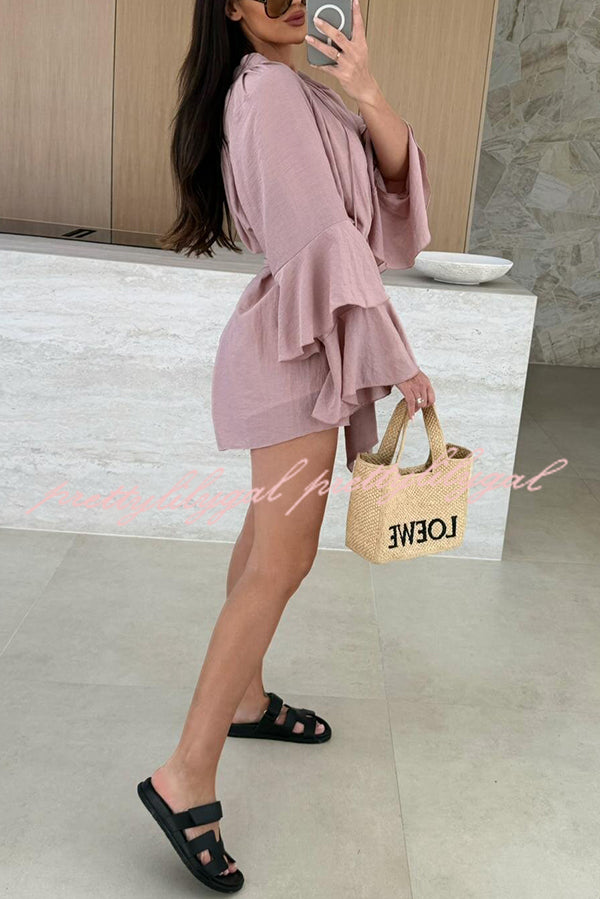 Solid Color V-neck Ruffled Long Sleeve Waist Tie Mini Dress