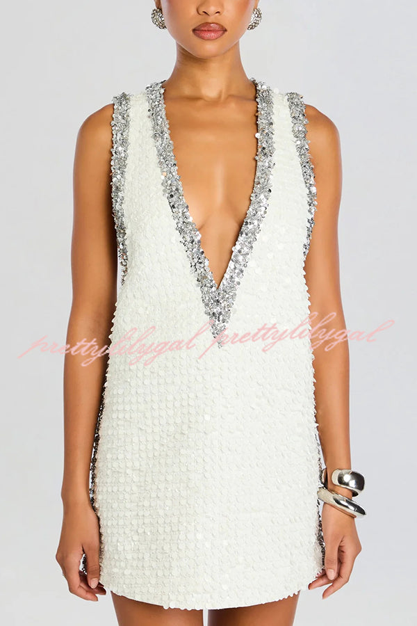 Cocktail Charm Sequin Colorblock Trim V-neck Sleeveless A-line Mini Dress