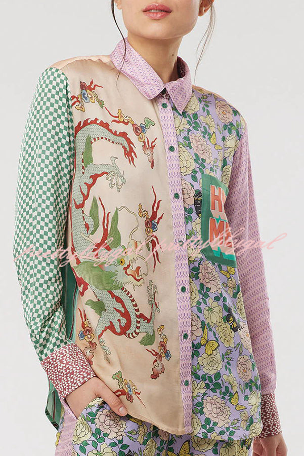 Dragon Season Unique Print Patchwork Pocketed Loose Shirt