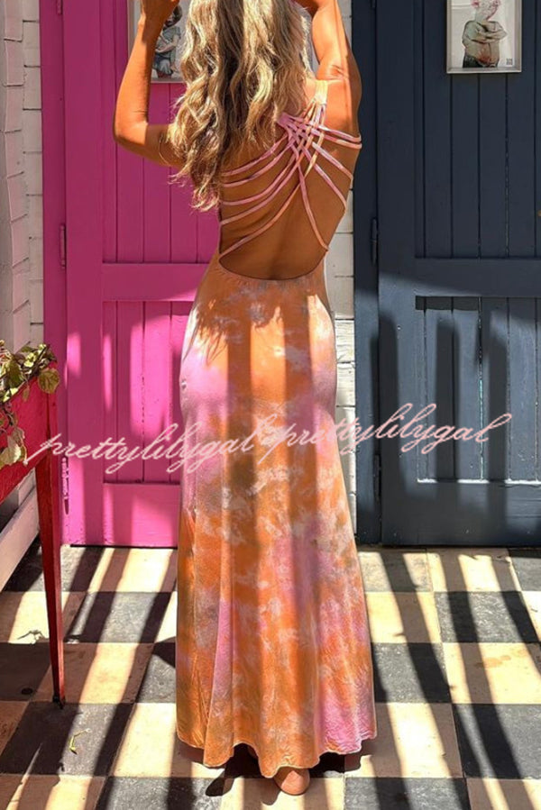 Summer Adventures Tie-dye Print Back Lace-up Stretch Maxi Dress