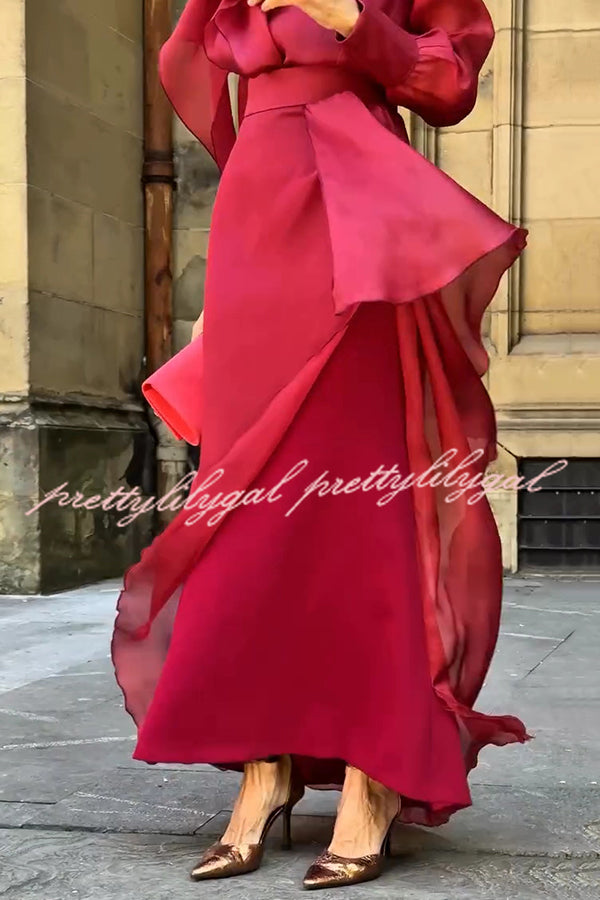 Lily Chiffon Bow Detail Puff Sleeve Blouse and Elegant Layered Maxi Skirt Set