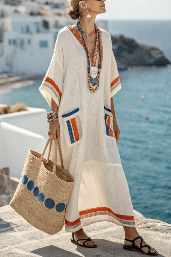 Striped Print V-Neck Casual Loose Pocket Maxi Dress