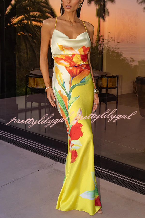 Luisa Satin Floral Print Cowl Neck Sexy Open Back Tie-up Maxi Dress
