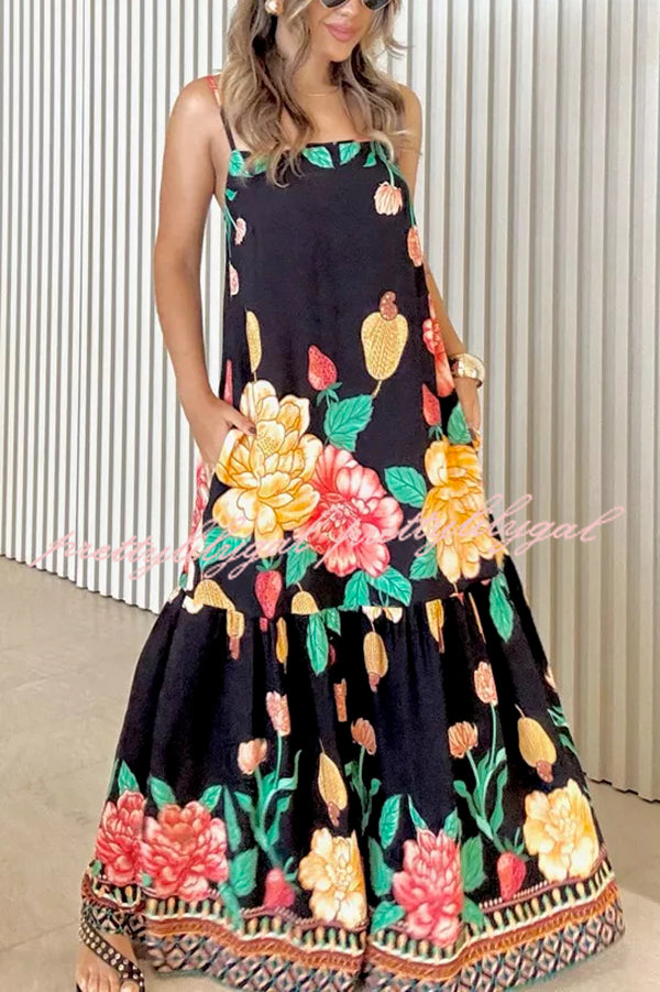 Floral Print Halter Back Loose Pocket Full Hem Maxi Dress